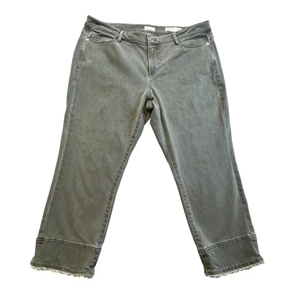 J. Jill Denim Authentic Fit Cropped Jeans Olive Green Frayed Hem Wms 14 Petite