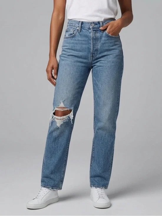 Madewell The Perfect Vintage Straight Jeans 27 Medium Wash Distressed Knee 28.5