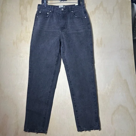 Princess Polly Denim Zaiden Black Wash Mom Jeans High Rise Distressed Hem Size 8
