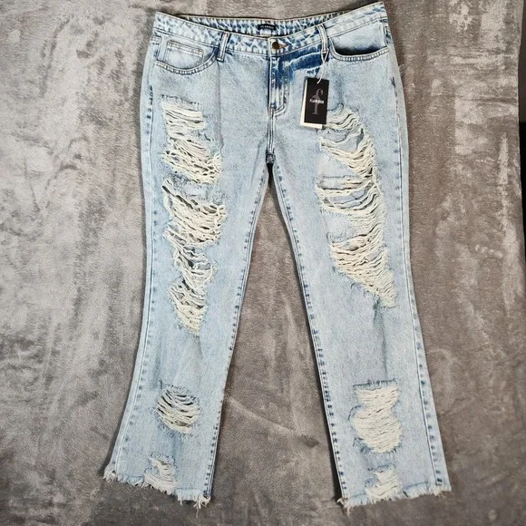 Flamingo Jeans Womens 38X29‎ Curve Blue Stretch Light Wash Distressed Rip