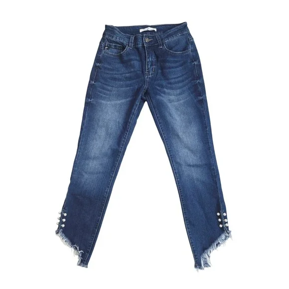 KanCan Womens Jeans Dark Wash Frayed Hem‎ Pearl Embellished Ankle Size 5/26