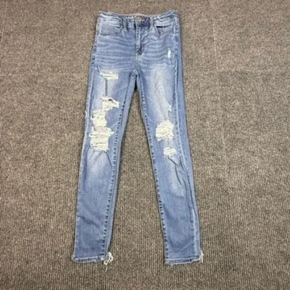 American Eagle Super Hi-Rise Jegging Womens 4 Blue Distressed Next Level Stretch