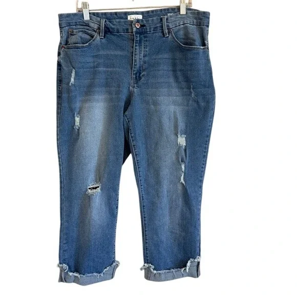 Nicole Miller New York Women's Distressed Slim Straight Rolled Hem Crop Jeans 16