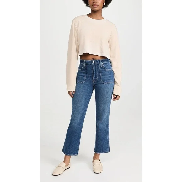 AMO Denim Abigail High Rise Patch Pocket Crop Flare Jeans Medium Wash Size 29