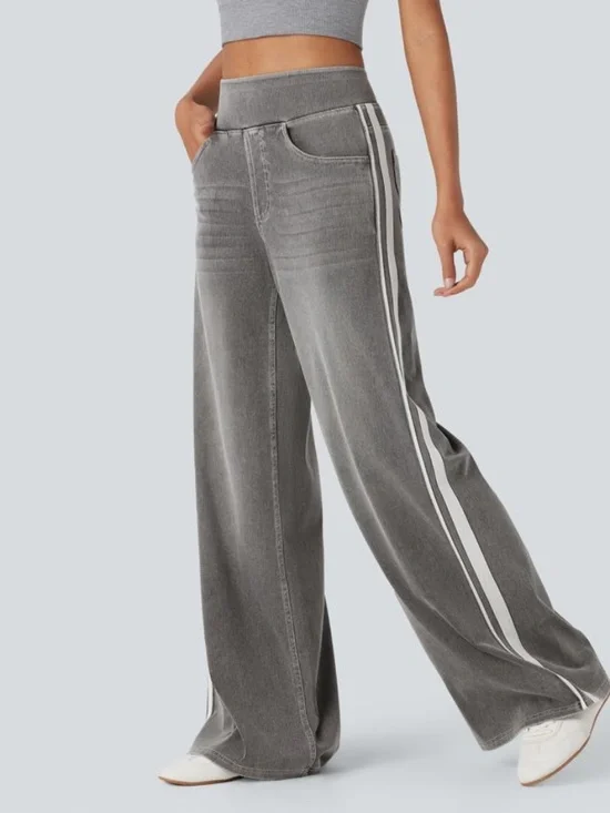 NWT Halara Flex™ High Waisted Stripe Wide Leg Flowy Washed Casual Jeans - L B32