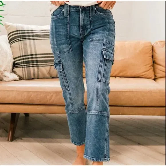 KanCan Avery Straight Leg Cargo Jeans‎ Dark Wash Ankle Cropped Size 1/ 24