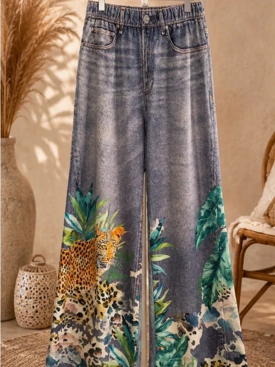 Oddi brand denim-look sublimation printed wide leg pants. Waist 18’- NWT