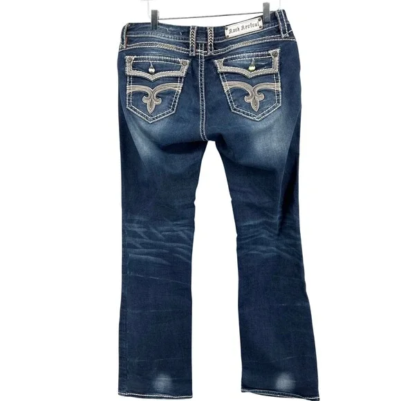 Rock Revival Eleanor Easy Boot Jean Womens 32 Blue Dark Wash Rhinestone E8436E4X