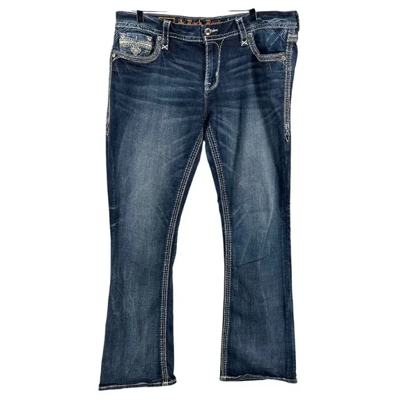 Rock Revival Sukara Easy Boot Jeans Dark Wash Thick Stitch Embroidered Size 34