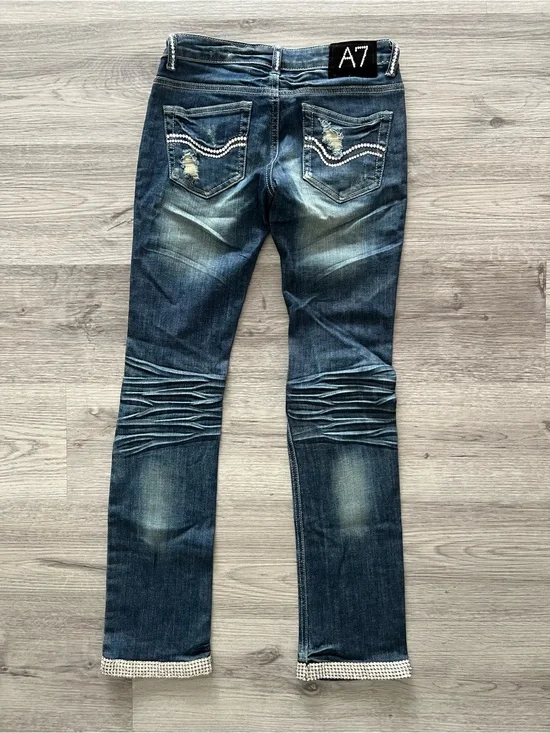 A7 Swarovski Crystal Distressed Jeans Size 1 | Rhinestone Hem | Low Rise