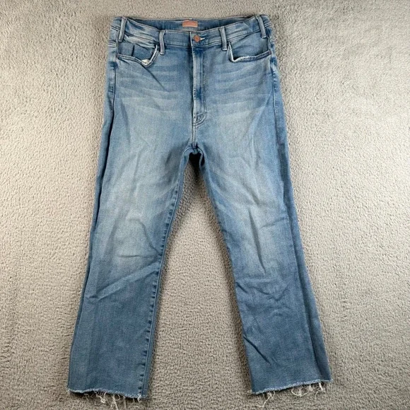 Mother The Hustler Ankle Fray Jeans Au Revoir Light Blue High Rise Flare 32x27