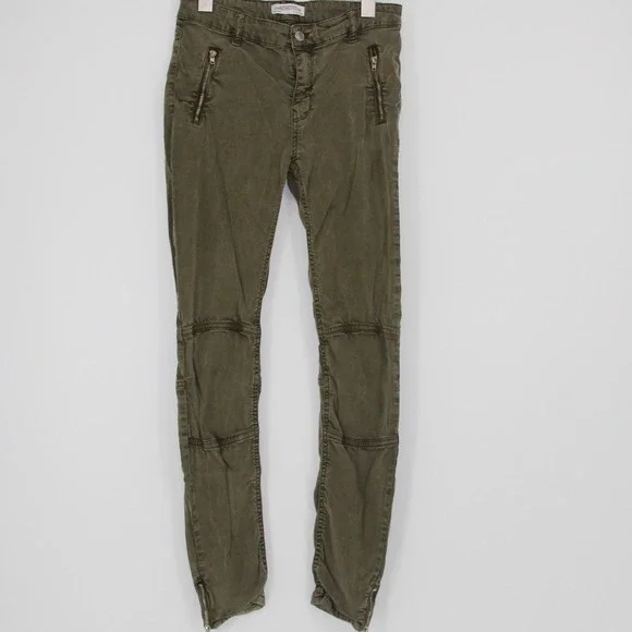 Zara Woman Denim Olive Green Moto Skinny Jeans Pants‎ Ankle Zip Ribbed Knee 4