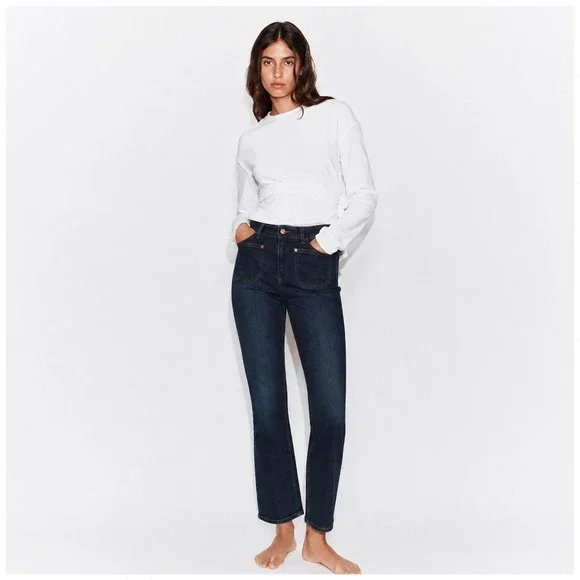 Zara Womens Jean Size 4 Mini Flare High Rise‎ Patch Pockets Dark Wash Ankle NWT