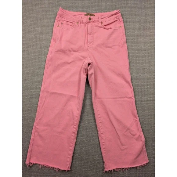 Judy Blue Jeans Womens 9/29 Pink High Rise Wide Leg Crop Raw Hem Stretch