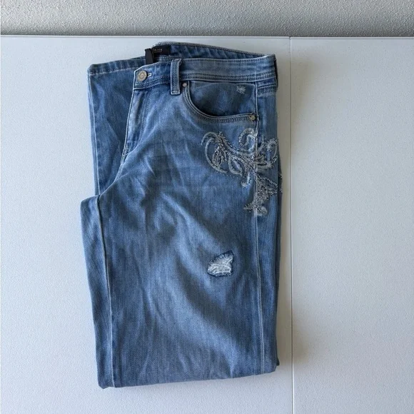 WHBM Girlfriend‎ Denim Jeans Size 6 Rhinestones Light Wash Distressed Western