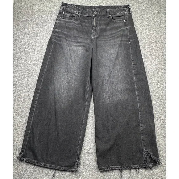 American Eagle Super High Rise Baggy Wide Leg Ankle Jeans Womens 14 Short‎ Black