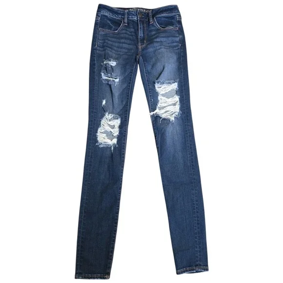 American Eagle Super Stretch Med Wash Long Distressed Jeans Jegging  6 31 Inseam