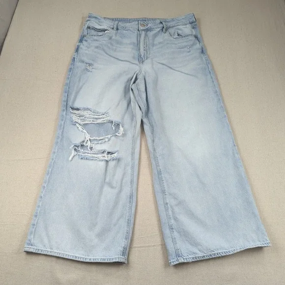 American Eagle Jeans Womens 18‎ Blue Super High Rise Baggy Wide Leg Distressed