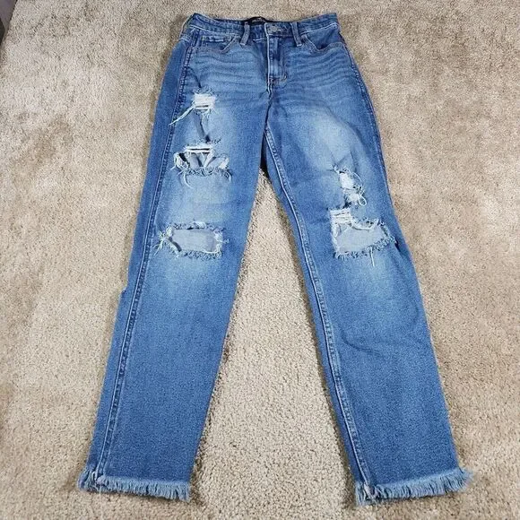 Hollister Jeans Womens W24 L27 Blue Denim High Rise Mom Jean Distressed #73