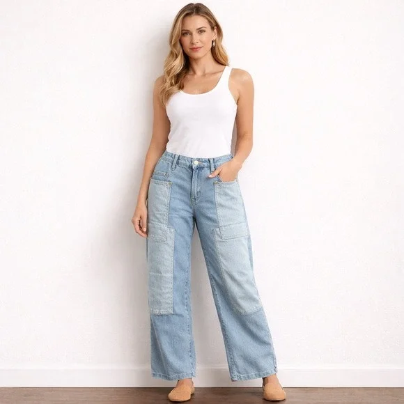 Bohme Wide Leg Jeans Womens‎ 30 Light Wash Pinstripe Patch Utility FL2112HR-BH