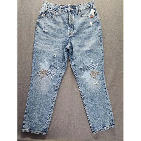 Old Navy Jeans Women 12 Star Patches O.G. Straight High Rise Button Fly Boho NWT