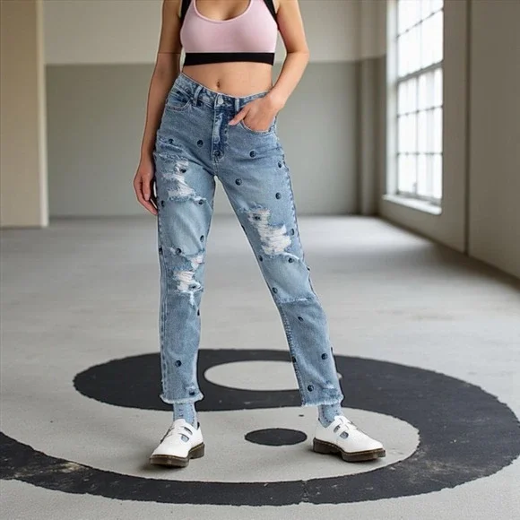 Tinseltown Juniors Sz 9 The Mom Jeans Blue Hi-Rise Yin & Yang‎