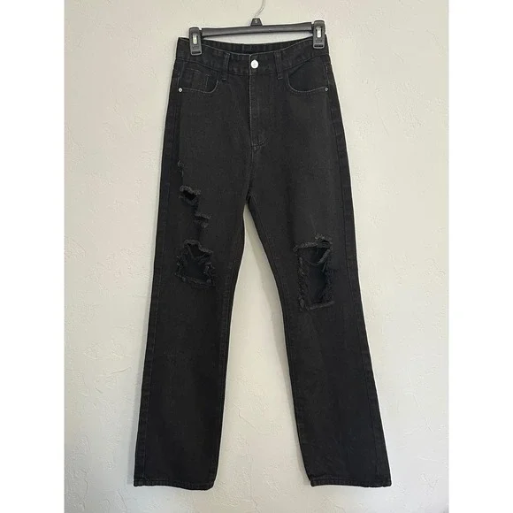 SHEIN Women's Black Distressed‎ Ripped Straight Leg Jeans Size S