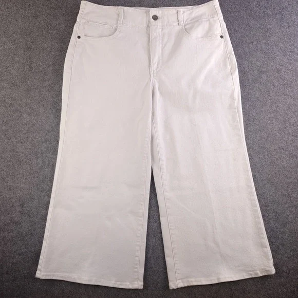 NYDJ Jeans 10p Petite White Cool Embrace Wide Leg 32x20 High Rise Denim