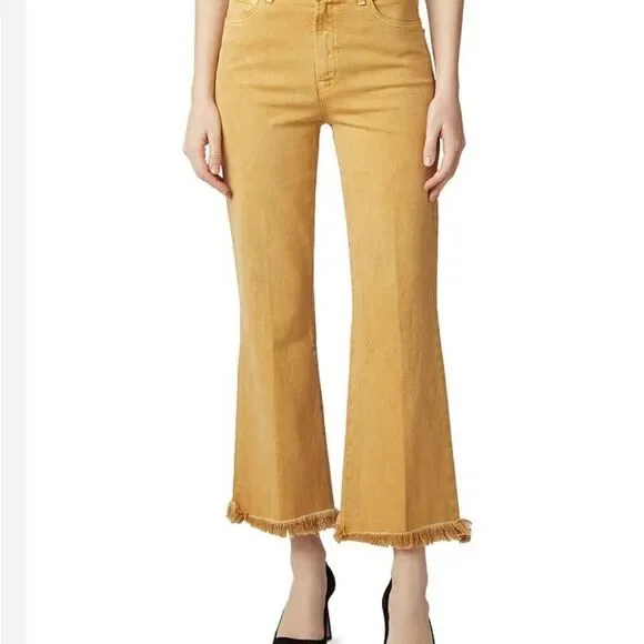 J Brand Julia Frayed-Hem Flared-Leg Cotton Blend‎ Jeans in Litho Gold Sz 26