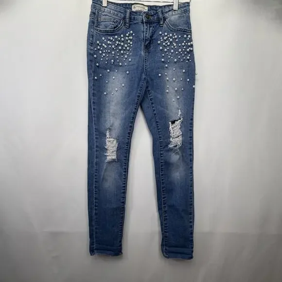 Angel Kiss Pearl Detail Jeans Women Juniors 7 Blue Skinny Destructed Rolled Cuff