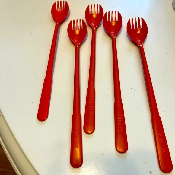 VINTAGE TUPPERWARE 1960 LOT OF 5 FORK O SPOON SPORKS ICED TEA STIRS 8”‎ ORANGE