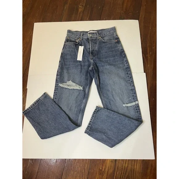Topshop Jeans Dad Blue Distressed Petite Womens Size 26x28 Loose Fitting NWT‎
