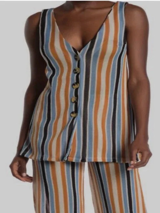 Striped V-Neck Button Front Tank and wide leg pants set in Blue and Tan