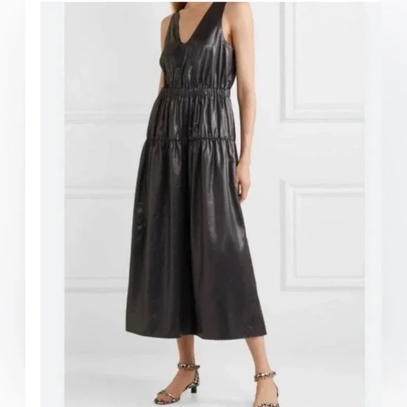 TIBI Gray Liquid Tiered V-Neck Midi Dress