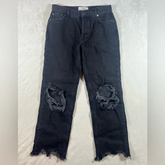 We the Free Size 26 Free People Black Distressed Straight Leg Denim Jeans EUC