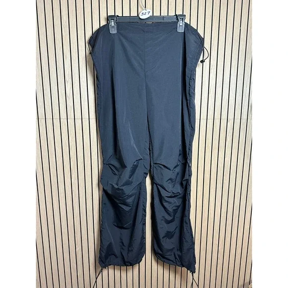 327 Just Polly New York Black Nylon Ripstop Parachute Pants Bungee Hem (L, EUC)
