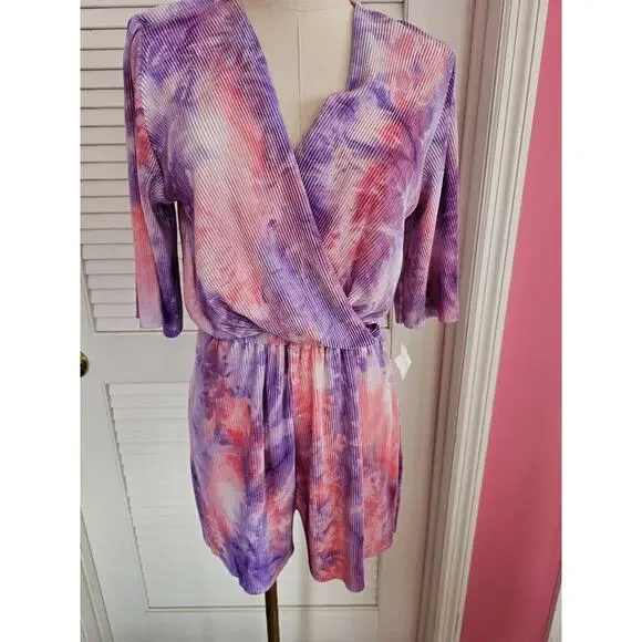 NWT The Impeccable Pig Tie Dye Pink Purple Pleated V‎ Neck Romper Ladies Small
