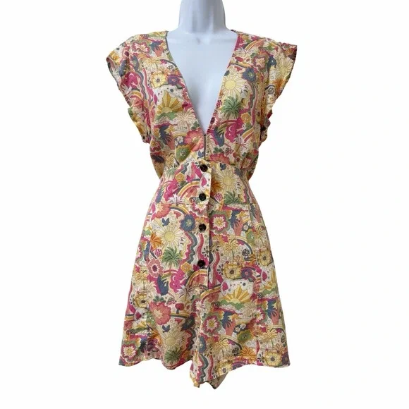 Marine Layer Camila Plunge V Neck Hemp Romper Size L Groovy Print Hippie Boho