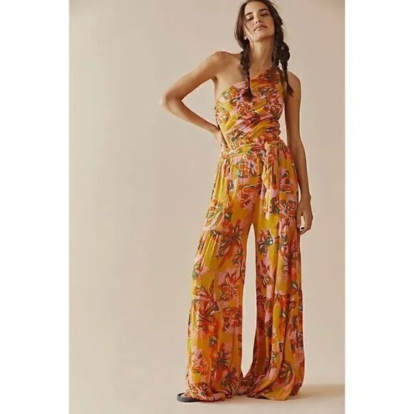 NWT FREE PEOPLE Sz XS THEA JUMPSUIT ONE SHOULDER ONE PIECE FLORAL WIDE LEG