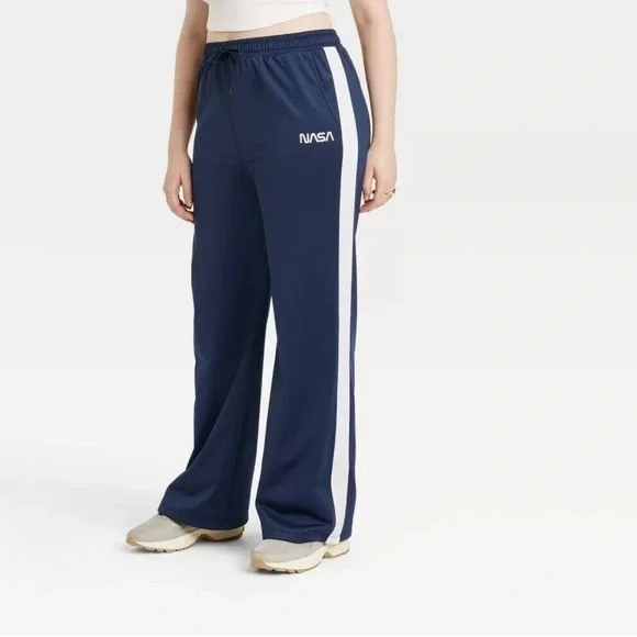 Mighty Fine Women's NASA Graphic Wide Leg Track Pants - Blue