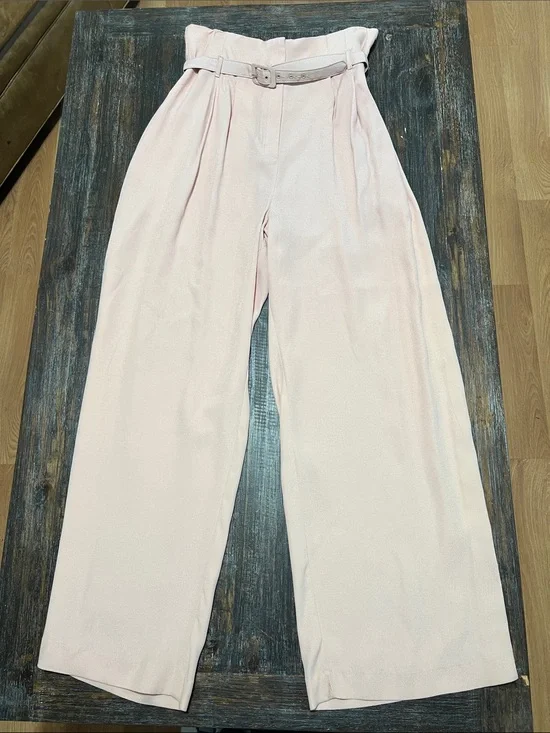Vintage With Tag High-Waist Paperbag Wide-Leg Pants — Light Pink