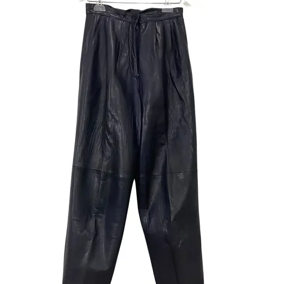 Vintage Blue Leather Pants Womens Pleated Front Side Pockets Cuffed Hem Sz Small