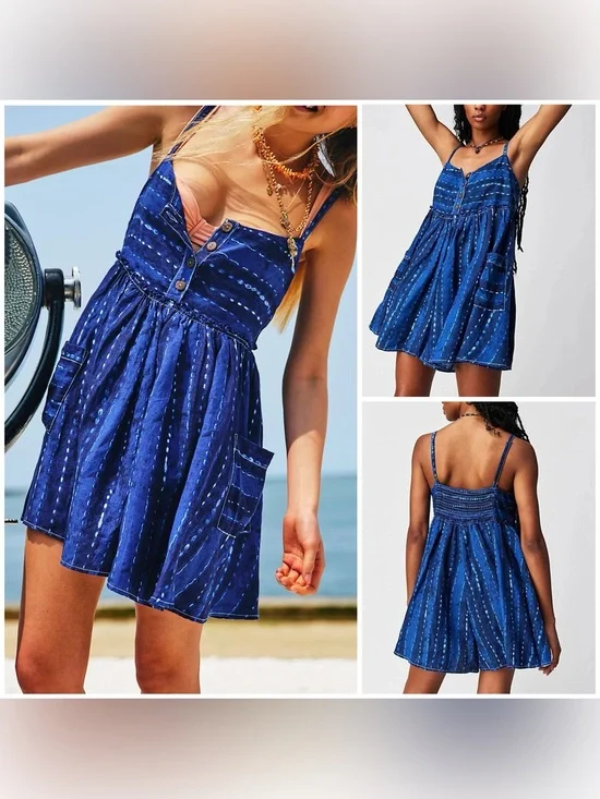 NWT Free People Ocean Ave Romper - blue combo indigo - XS