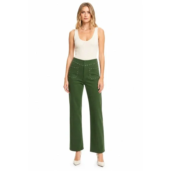 Mother The Studded Hustler Ankle Green Faux Suede Straight Leg Pants‎ 29