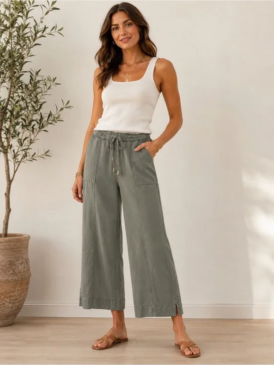 Joie Gray Green 100% Lyocell Drawstring Straight Leg Cropped Pants XS #2629