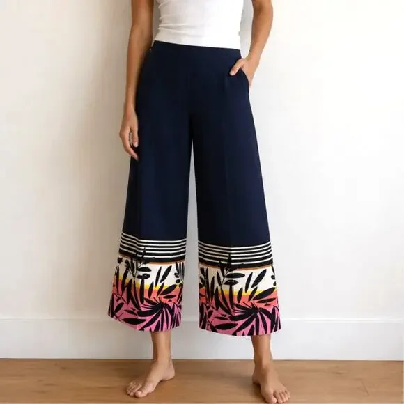 NWT Trina Turk Wide Leg Navy Cropped Pants Flowy Resortwear Tropical-size 12