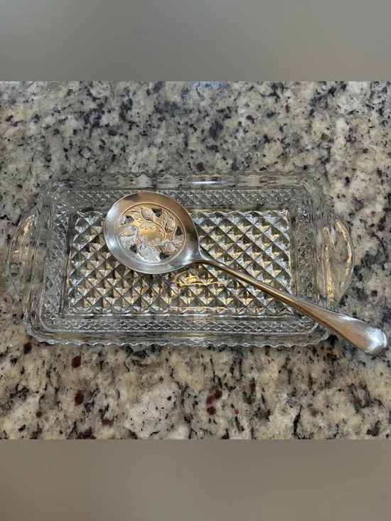 Vintage Leonard Silver Plated Serving Spoon and Crystal Glass Tray 1970s