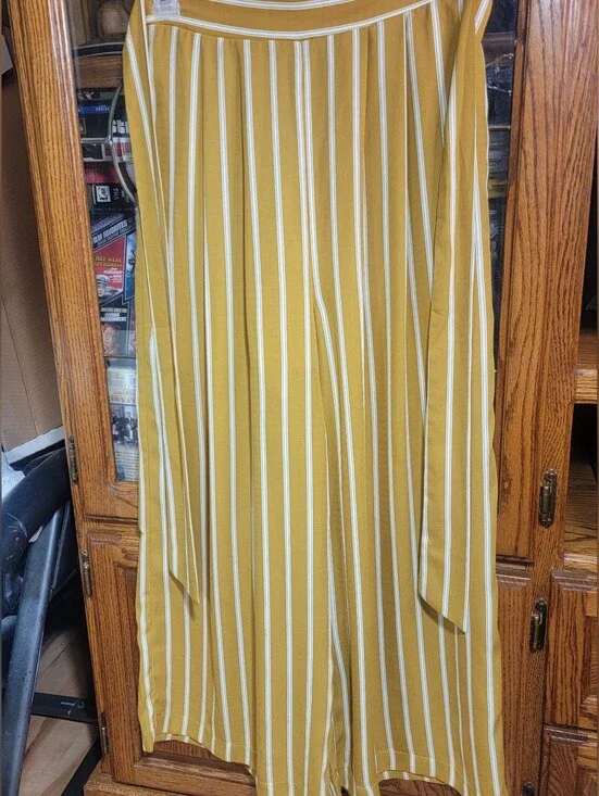 Doe & Rae Mustard Yellow Wide-Leg Striped Trousers Size Small