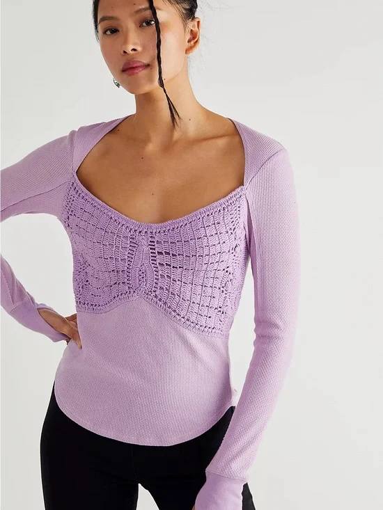 Free People Lilac Butterfly Dreams Ribbed Knit Top Crochet Size Small Womens