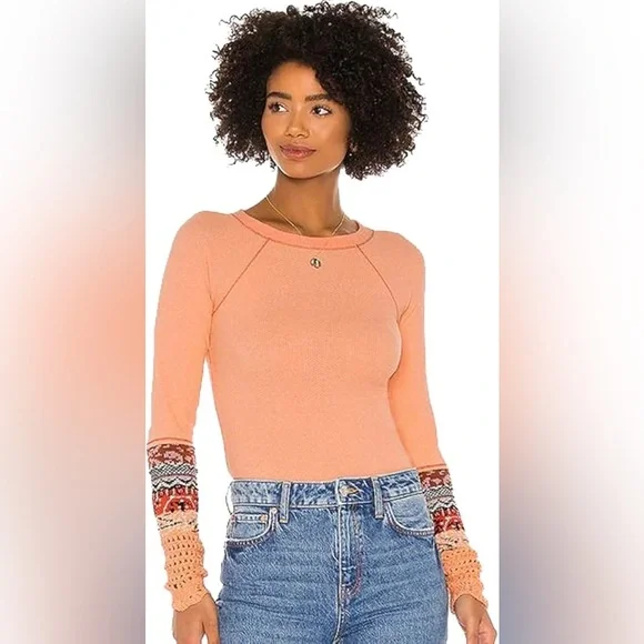Free People In the Mix Cuff Thermal Top Womens Size S